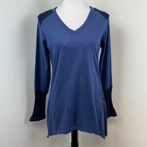 Boho Distressed Blue Raw Hem & Ribbed Cuffs Long Sleeve Tunic Top